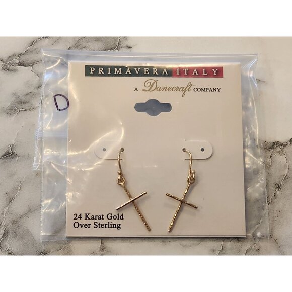 Danecraft 24K Gold Over Sterling Silver Cross Dangle Earrings Primavera Italy - Picture 2 of 5